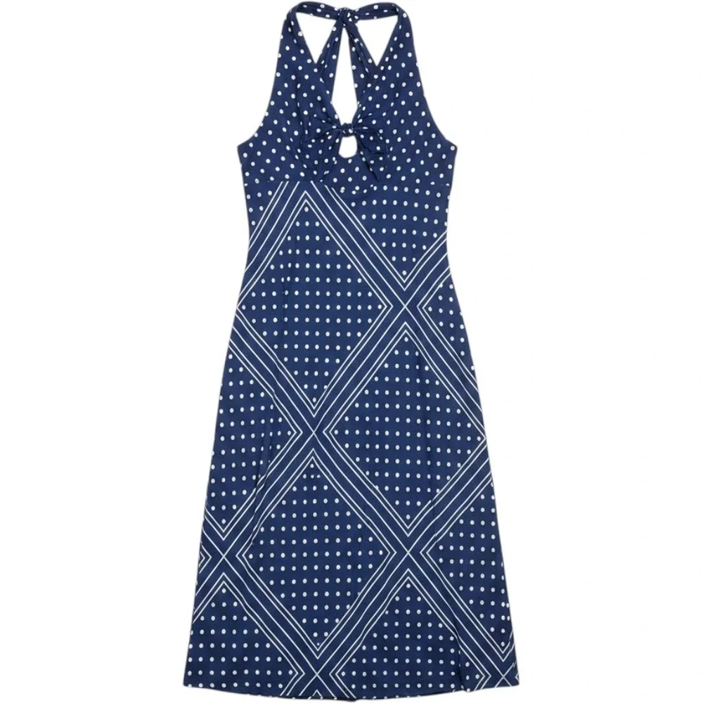 Abercrombie & Fitch Blue Polka Dot Tie-Front Cutout Maxi Dress L Vacation Summer